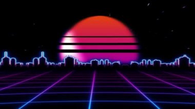 Geçmişe dönük fütürist bilim kurgu geceleri kusursuz döngü. 80 'lerin VJ sentetik hareket arka planında neon ışıklar, güneş ve yıldızlar var. Video oyunları ve müzik videoları için stilize 4K vintage buhar dalgası 3D animasyonu