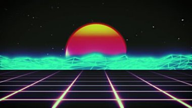 Geçmişe dönük fütürist bilim kurgu geceleri kusursuz döngü. 80 'lerin VJ sentetik hareket arka planında neon ışıklar, güneş ve yıldızlar var. Video oyunları ve müzik videoları için stilize 4K vintage buhar dalgası 3D animasyonu