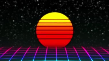 Geçmişe dönük fütürist bilim kurgu geceleri kusursuz döngü. 80 'lerin VJ sentetik hareket arka planında neon ışıklar, güneş ve yıldızlar var. Video oyunları ve müzik videoları için stilize 4K vintage buhar dalgası 3D animasyonu