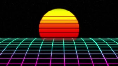 Geçmişe dönük fütürist bilim kurgu geceleri kusursuz döngü. 80 'lerin VJ sentetik hareket arka planında neon ışıklar, güneş ve yıldızlar var. Video oyunları ve müzik videoları için stilize 4K vintage buhar dalgası 3D animasyonu