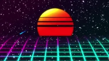 Geçmişe dönük fütürist bilim kurgu geceleri kusursuz döngü. 80 'lerin VJ sentetik hareket arka planında neon ışıklar, güneş ve yıldızlar var. Video oyunları ve müzik videoları için stilize 4K vintage buhar dalgası 3D animasyonu