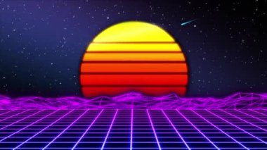 Geçmişe dönük fütürist bilim kurgu geceleri kusursuz döngü. 80 'lerin VJ sentetik hareket arka planında neon ışıklar, güneş ve yıldızlar var. Video oyunları ve müzik videoları için stilize 4K vintage buhar dalgası 3D animasyonu