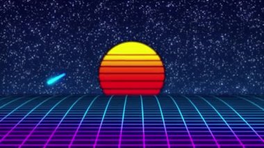 Geçmişe dönük fütürist bilim kurgu geceleri kusursuz döngü. 80 'lerin VJ sentetik hareket arka planında neon ışıklar, güneş ve yıldızlar var. Video oyunları ve müzik videoları için stilize 4K vintage buhar dalgası 3D animasyonu