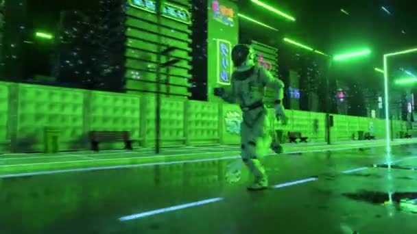 Astronaut rennend in neon stad in cyberpunk stijl. Retro golf 80s achtergrond. Retro stijl. Futuristisch concept. 3d animatie van naadloze lus — Stockvideo