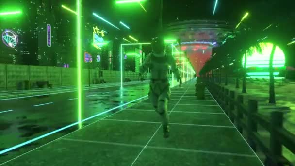 Astronauta correndo em neon city em estilo cyberpunk. Fundo dos anos 80 da onda retrô. Estilo retrô. Conceito futurista. animação 3d de loop sem costura — Vídeo de Stock