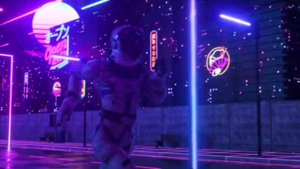 Astronaut running in neon city in cyberpunk style. Retro wave 80s background. Retro style. Futuristic concept. 3d animation of seamless loop — Stock Video