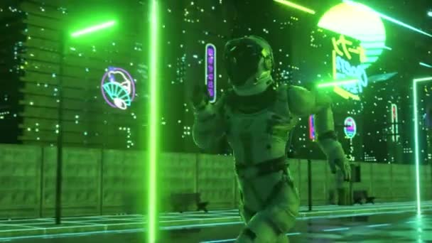 Astronaut kjører i Neon City i cyberpunk-stil. Retro-bølge 80-talls bakgrunn. Retro stil. Futuristisk konsept. 3d animasjon av sømløs sløyfe – stockvideo