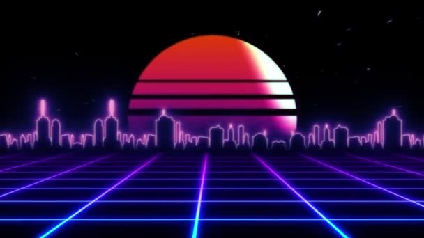 Retro futuristiska sci-fi natt stad sömlös loop. 80-talets VJ synthwave rörelse bakgrund med neonljus, sol och stjärnor. Stiliserad 4K vintage steamwave stil 3D-animering för videospel och musikvideor — Stockvideo
