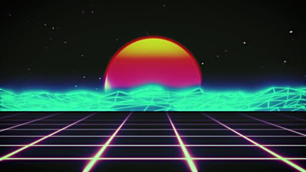 Retro futuristik sci-fi malam kota seamless loop. 80-an VJ synthwave latar belakang gerak dengan lampu neon, matahari dan bintang-bintang. Gaya 4K vintage gaya animasi 3D untuk permainan video dan video musik — Stok Video