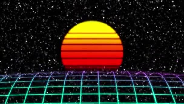 Geçmişe dönük fütürist bilim kurgu geceleri kusursuz döngü. 80 'lerin VJ sentetik hareket arka planında neon ışıklar, güneş ve yıldızlar var. Video oyunları ve müzik videoları için stilize 4K vintage buhar dalgası 3D animasyonu — Stok video