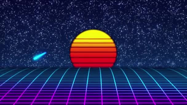 Ретро футуристичний науково-фантастичний нічний міський безшовний цикл. 80-ті VJ синхронний рух фону з неоновими вогнями, сонцем і зірками. Стилізований 4K старовинний стиль парової хвилі 3D анімація для відеоігор та музичних відео — стокове відео