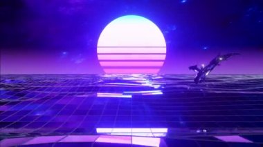 Retro 80 tarzı. Dijital okyanusun üzerinden durmadan uç. Yunuslar suyun üzerinden atlıyor. Renkli retro gün batımı. Kusursuz döngü 3d canlandırması