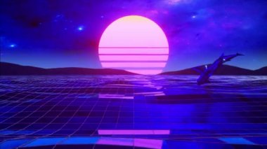 Retro 80 tarzı. Dijital okyanusun üzerinden durmadan uç. Yunuslar suyun üzerinden atlıyor. Renkli retro gün batımı. Kusursuz döngü 3d canlandırması