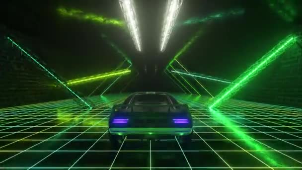 3d cyberpunk retro style. Synthwave. The car is driving in the neon tunnel. Seamless loop 3d render — ストック動画