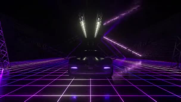 3d cyberpunk estilo retro. Synthwave. El coche está conduciendo en el túnel de neón. Lazo inconsútil 3d render — Vídeos de Stock