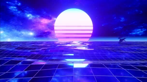 Retro 80s style. Fly endlessly over the digital ocean. Dolphins are jumping over the water. Colorful retro sunset. Seamless loop 3d animation — ストック動画