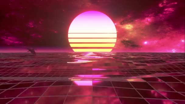 Retro 80s style. Fly endlessly over the digital ocean. Dolphins are jumping over the water. Colorful retro sunset. Seamless loop 3d animation — Stock Video