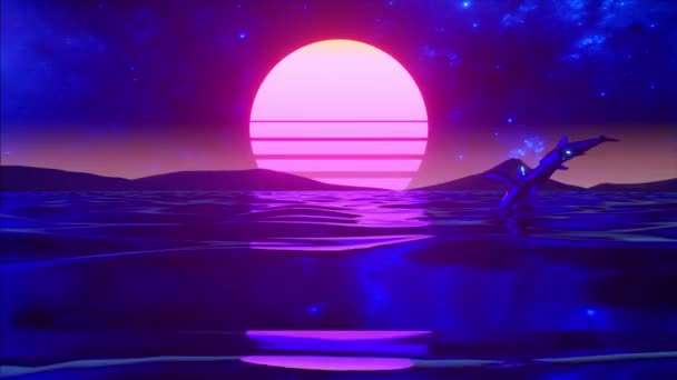 Retro 80s style. Fly endlessly over the digital ocean. Dolphins are jumping over the water. Colorful retro sunset. Seamless loop 3d animation — Stock Video