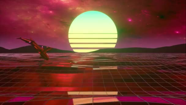 Retro 80s style. Fly endlessly over the digital ocean. Dolphins are jumping over the water. Colorful retro sunset. Seamless loop 3d animation — Stock Video