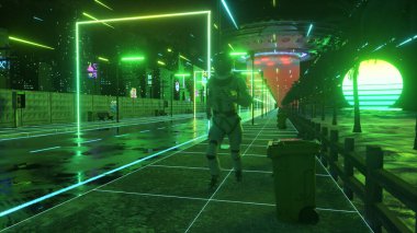 Neon bir şehirde caddenin aşağısında bir astronot koşuyor. 80 'lerin geçmişi. Retro tarzı. Fütürist bir kavram. 3B illüstrasyon