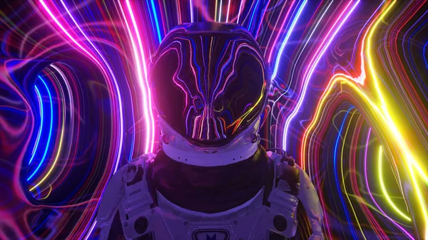 第4次元の宇宙飛行士 ネオンの周りと明るい縞模様 Sci 3Dイラスト — ストック写真