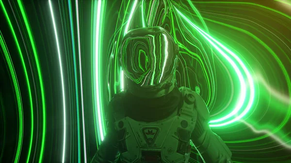 Astronaut in the fourth dimension. Neon surroundings and bright stripes. Interstellar. Sci-fi 3d illustration
