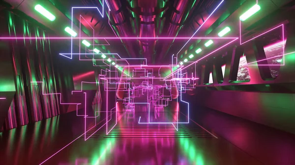 Tunel Sci Przestrzeni Kosmicznej Światłem Neonowym Planeta Ziemia Oknem Statku — Zdjęcie stockowe