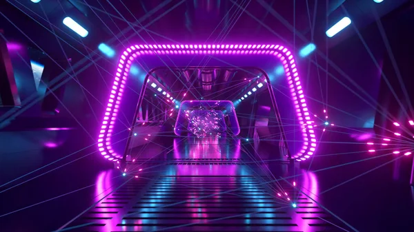 Science Fiction Tunnel Weltraum Mit Neonlicht Planet Erde Vor Dem — Stockfoto