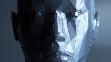 Çokgen dijital insan yüzü oluşturur. Çokgenleri ve kaliteyi arttırın. 3d illüstrasyon