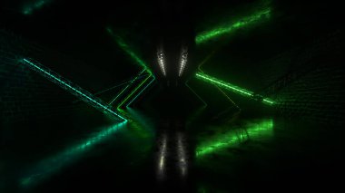Soyut neon arka plan koridorda ilerlerken, parlayan yeşil mavi çizgiler beliriyor. 3d illüstrasyon