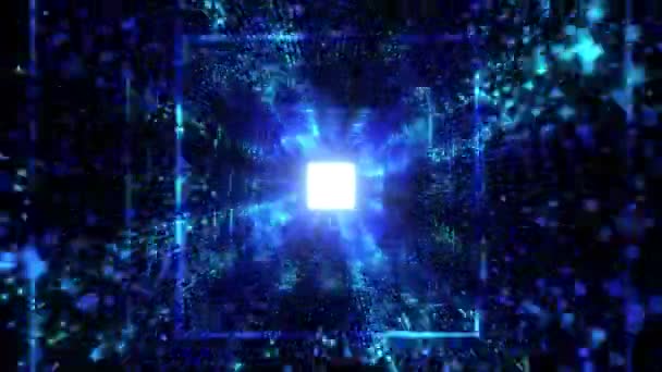 Túnel cuadrado de luz de neón infinito de partículas de puntos brillantes. Información sobre tecnología cibernética. — Vídeo de stock