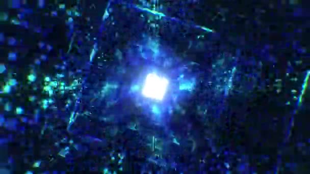 Infinito girar neón luz túnel cuadrado de puntos brillantes partícula. Información sobre tecnología cibernética. — Vídeo de stock