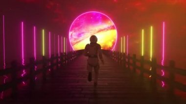 Astranaut, okyanus boyunca uzanan uçsuz bucaksız ahşap köprü boyunca rüyalarına koşuyor. Önünde neon ışıkları olan bir uzay dairesi. Kusursuz döngünün 3 boyutlu animasyonu