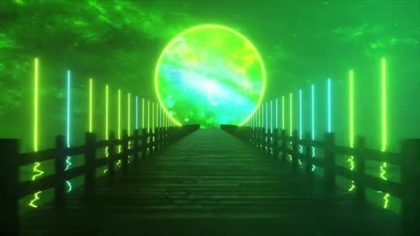 Voler le long du pont en bois sans fin à travers l'océan à son rêve. Cercle spatial avec éclairage au néon devant. Animation 3D de boucle transparente — Video