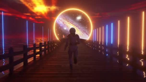 Astranaut court le long du pont en bois sans fin à travers l'océan à son rêve. Cercle spatial avec éclairage au néon devant. Animation 3D de boucle transparente — Video