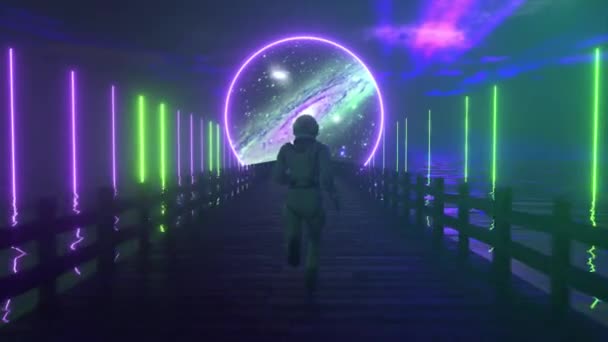 Astranaut corre ao longo da interminável ponte de madeira através do oceano para o seu sonho. Círculo espacial com iluminação de néon à frente. Animação 3D de loop sem costura — Vídeo de Stock
