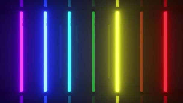 Las lámparas multicolores halógenas del arco iris del neón brillan con reflejos brillantes futuristas. animación 3d de bucle sin costura — Vídeos de Stock