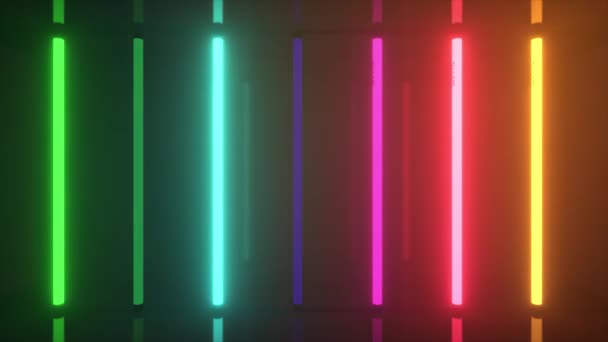 Las lámparas multicolores halógenas del arco iris del neón brillan con reflejos brillantes futuristas. animación 3d de bucle sin costura — Vídeos de Stock