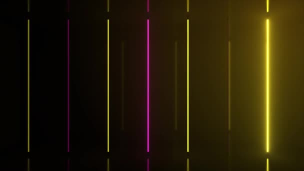Neon halogeen regenboog gele roze lampen gloeien met futuristische heldere reflecties. 3d animatie van naadloze lus — Stockvideo
