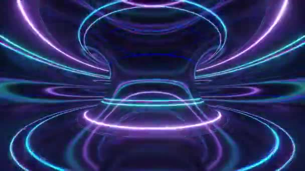 완벽 한 미래 지향성 네온 배경에는 회전하는 선, 빛의 속도, 자외선, 왜곡 된 전자기 소용돌이가 있습니다. 거미막 이 없는 고리의 애니메이션 — 비디오