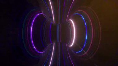 Parlayan çizgileri, ışık hızı, morötesi ışınları, çarpık elektromanyetik girdabı olan soyut fütüristik neon arkaplan. Kusursuz döngünün animasyonu