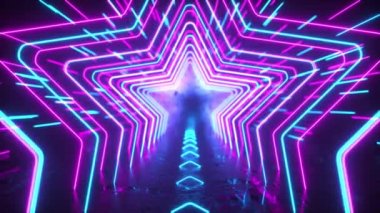 Soyut neon arkaplan. Neon yıldızlar ve çizgiler uzayda hareket eder. Yansıma. Geleceğe yönelik bir geçmiş. Neon trafiği. Kusursuz Döngü 3D 4K canlandırması