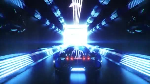 車は無限のネオン技術トンネルを通って高速で突入します。未来的概念。3Dシームレスループのアニメーション — ストック動画
