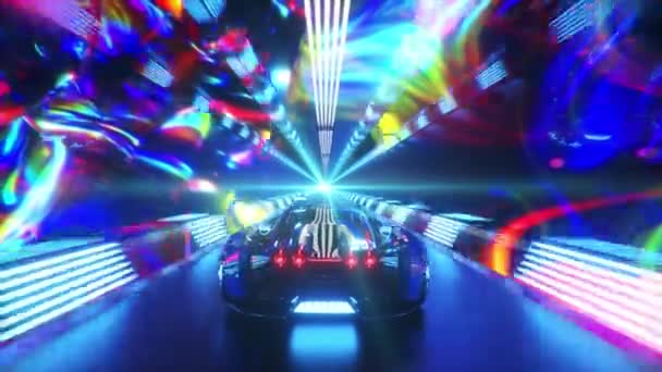 De auto raast met hoge snelheid door een eindeloze neon technologie tunnel. Futuristisch concept. 3d Animatie van een naadloze lus — Stockvideo