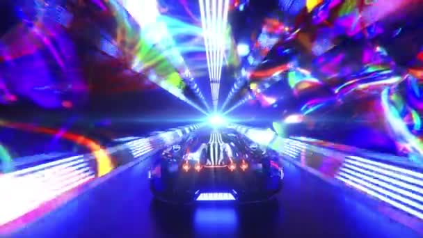 El coche se precipita a alta velocidad a través de un túnel de tecnología de neón sin fin. Concepto futurista. Animación 3d de bucle sin costura — Vídeos de Stock