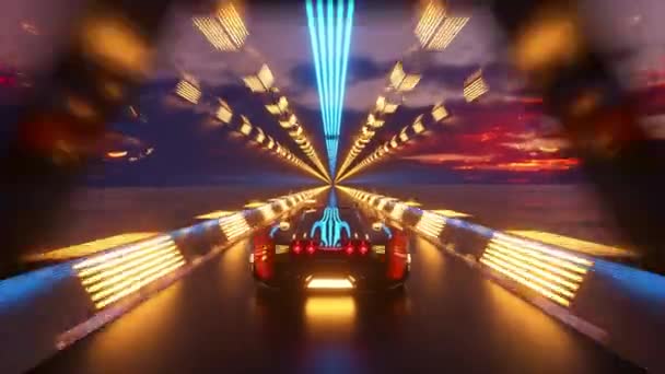 Mobil itu melaju dengan kecepatan tinggi melalui sebuah terowongan teknologi neon tak berujung. Konsep Futuristik. Animasi 3d dari loop mulus — Stok Video