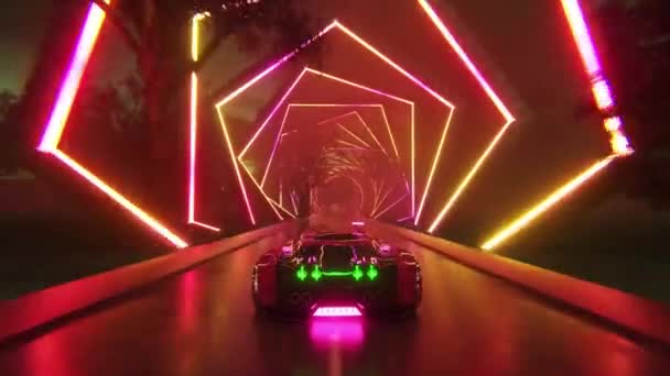 Bilen rusar i hög hastighet genom en oändlig neontunnel. Futuristiskt koncept. 3D-animering av sömlös slinga — Stockvideo