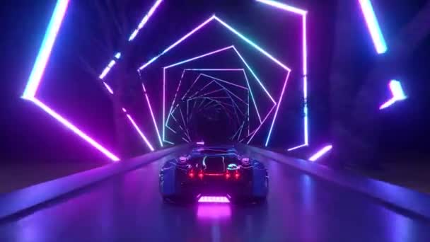 Mobil itu melaju dengan kecepatan tinggi melalui sebuah terowongan teknologi neon tak berujung. Konsep Futuristik. Animasi 3d dari loop mulus — Stok Video