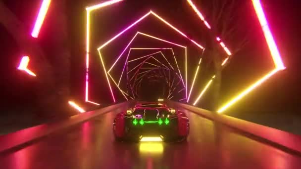 Bilen rusar i hög hastighet genom en oändlig neontunnel. Futuristiskt koncept. 3D-animering av sömlös slinga — Stockvideo