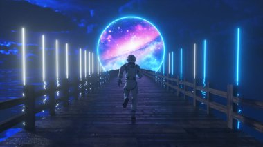 Astranaut, okyanus boyunca uzanan uçsuz bucaksız ahşap köprü boyunca rüyalarına koşuyor. Önünde neon ışıkları olan bir uzay dairesi. 3d illüstrasyon